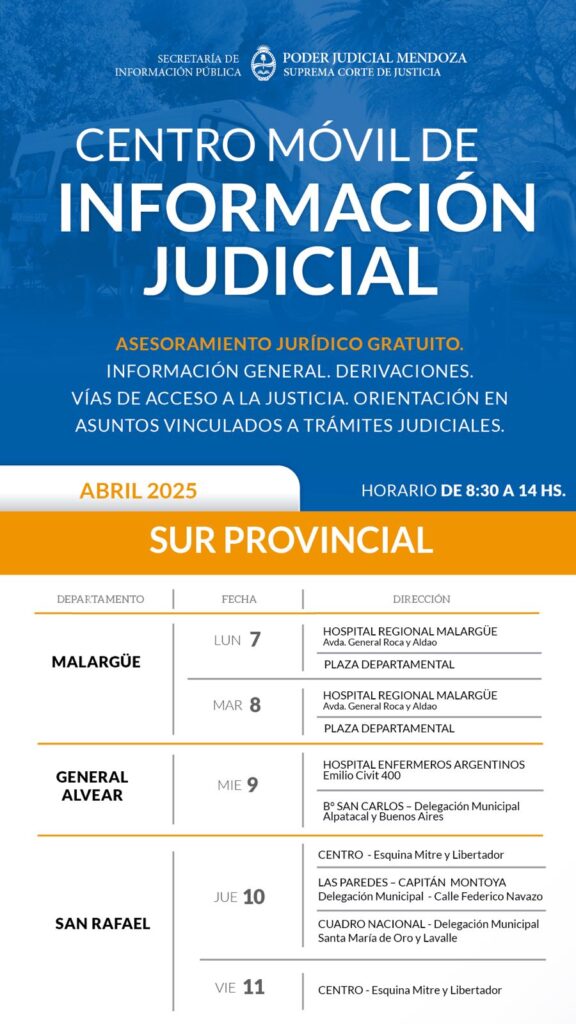 Estará del 7 al 11 de abril en Malargüe, General Alvear y San Rafael para brindar asesoramiento jurídico gratuito en la zona.