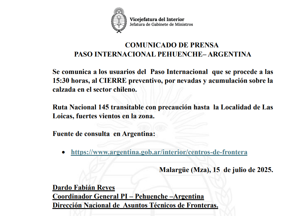 El Paso Internacional Pehuenche fue cerrado preventivamente por acumulación de nieve en el sector chileno.